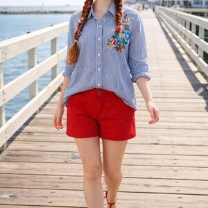 Passport Blue Striped Embroidered Shirt small